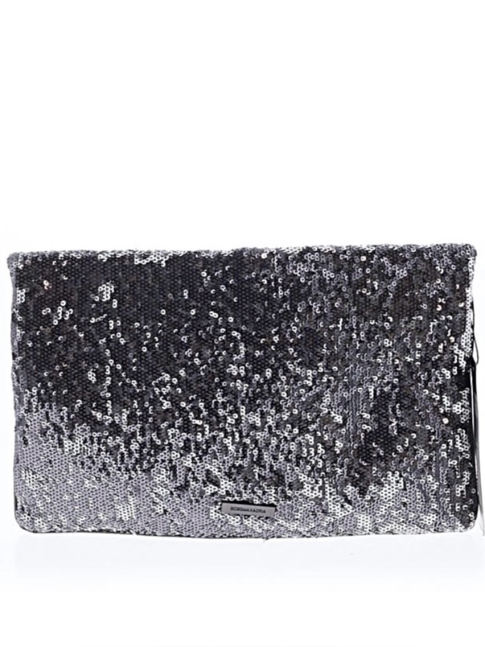 BCBGMAXAZRIA Metallic Sequin Foldover Clutch in Silver with Black Strap